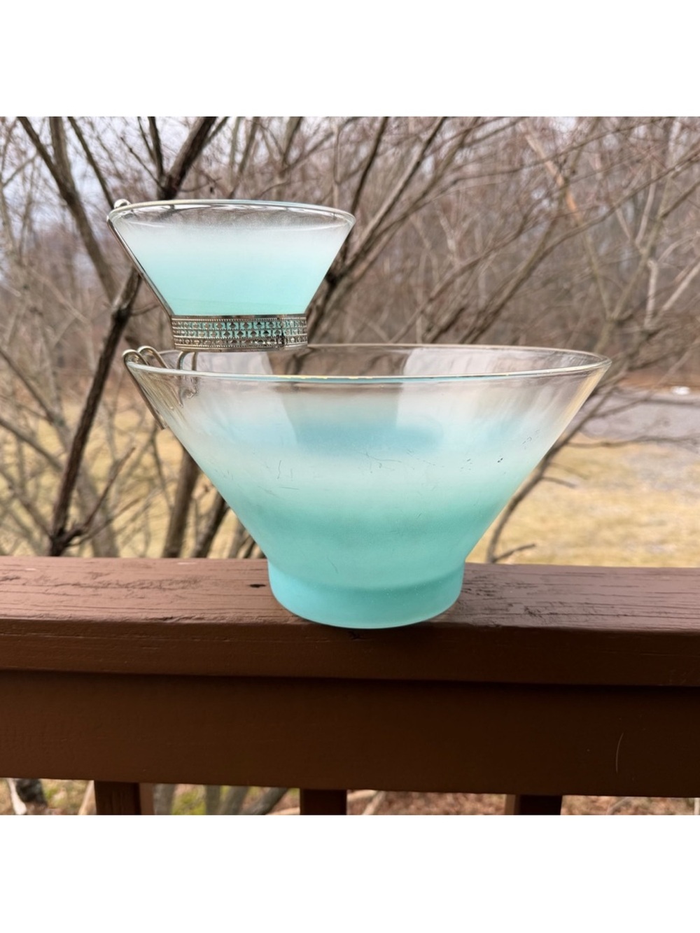 Vintage MCM Turquoise Blendo Federal Glass Chip and Dip Serving Bowl set - Picture 2 of 6